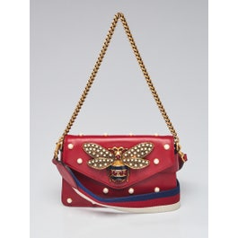 Gucci Gucci Red Leather Pearl Studded Mini Broadway Bee Shoulder Bag	