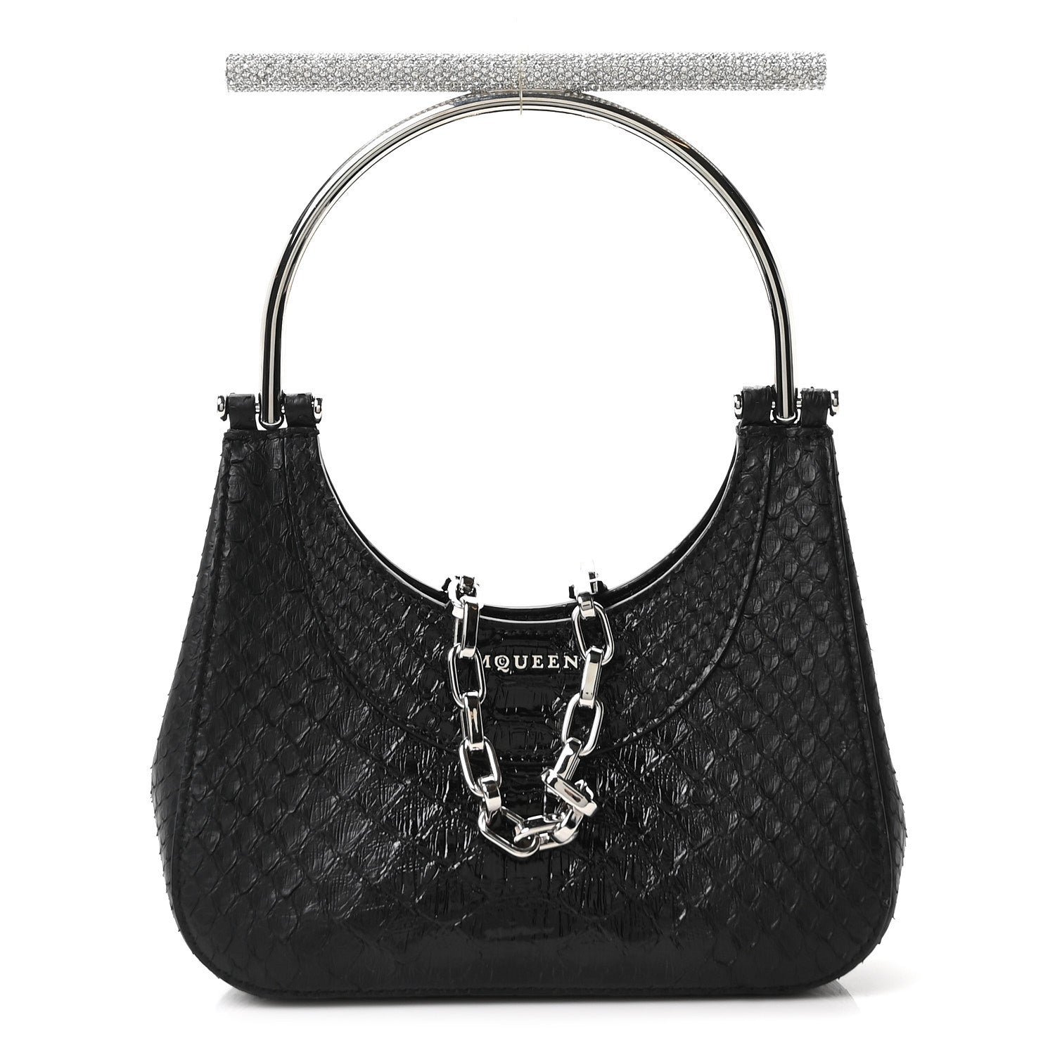 Alexander McQueen Snakeskin Crystal Mini T Bar Top Handle Black