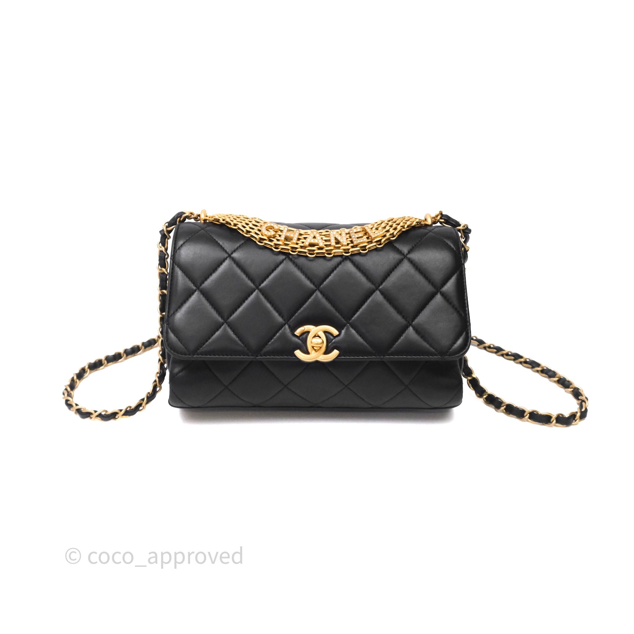 Chanel Quilted Small Flap Bag with CC Crystal Logo Handle Black Lambskin Aged Gold Hardware
