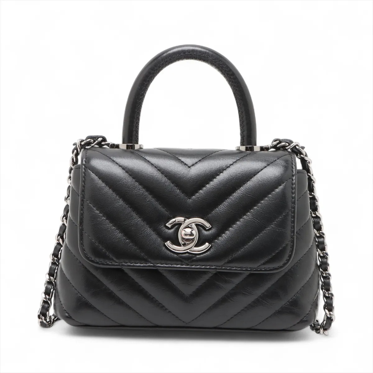 Chanel Coco Handle Mini-mini Leather 2 Way Handbag V Stitch Chevron Black Silver