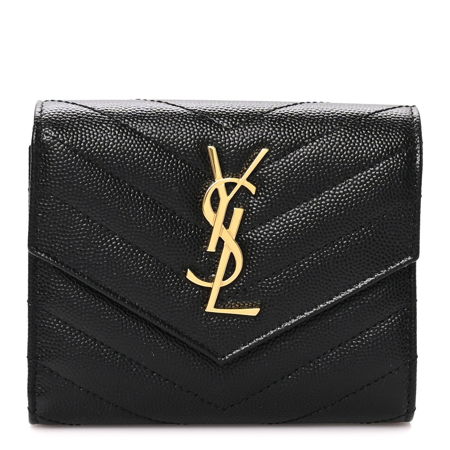 Saint Laurent Grain De Poudre Matelasse Chevron Monogram Compact Tri Fold Wallet Black