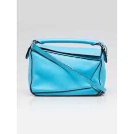 Loewe Loewe Bright Blue Pebbled Calfskin Leather Mini Puzzle Bag