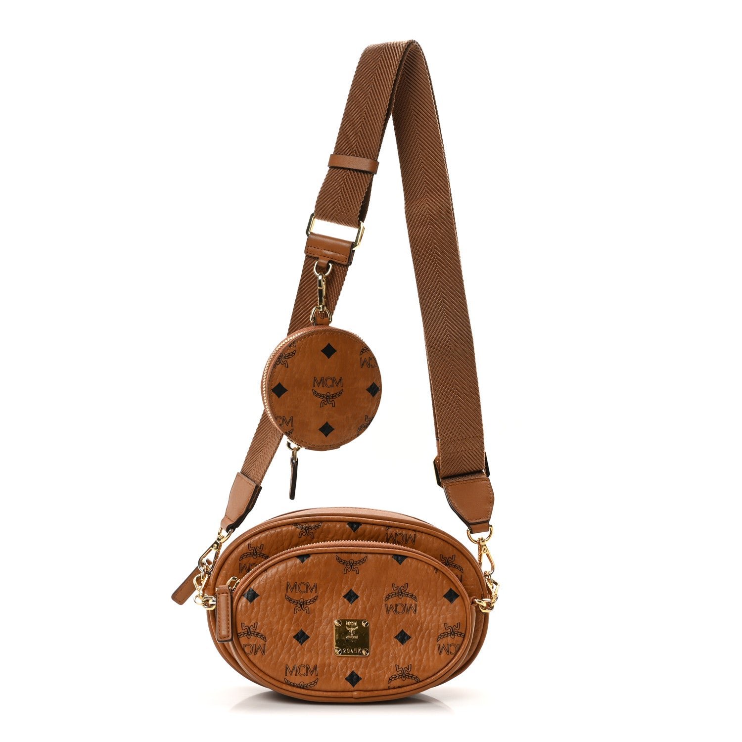 MCM Visetos Small Aren Multifunction Crossbody Pouch Cognac