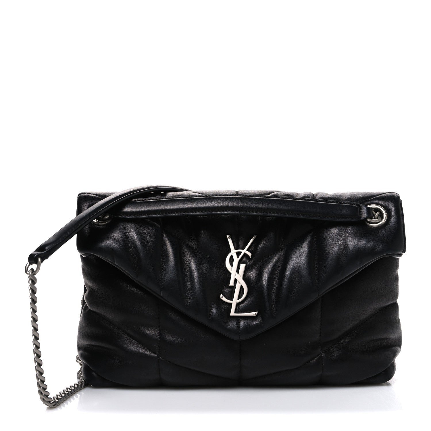 Saint Laurent Lambskin Quilted Small Loulou Puffer Monogram Chain Satchel Black