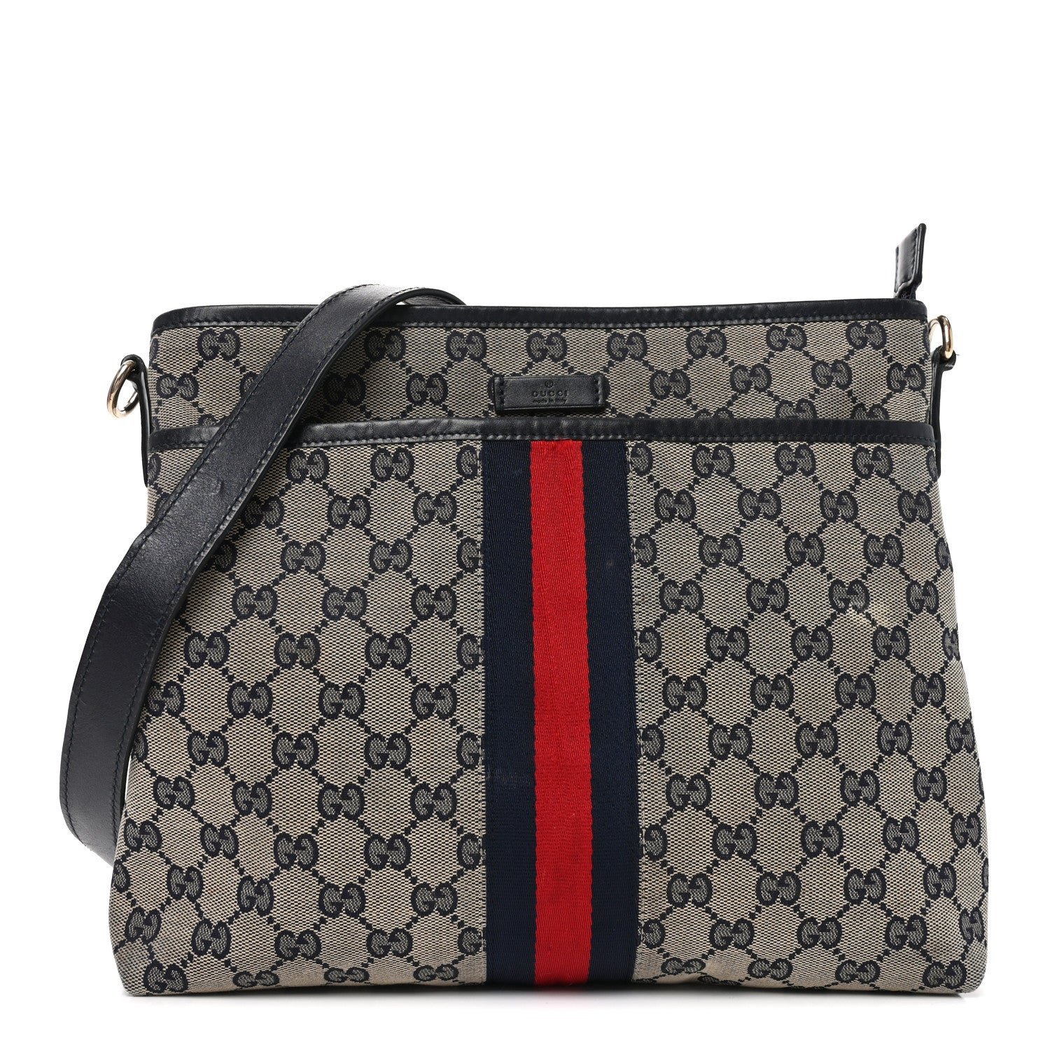 Gucci GG Supreme Monogram Web Flat Messenger Bag Navy