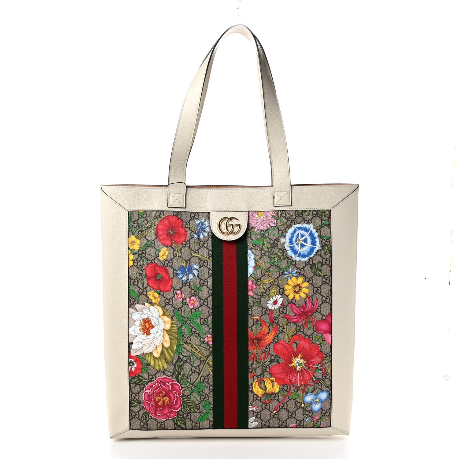 Gucci GG Supreme Monogram Flora Web Ophidia Vertical Shopping Tote White