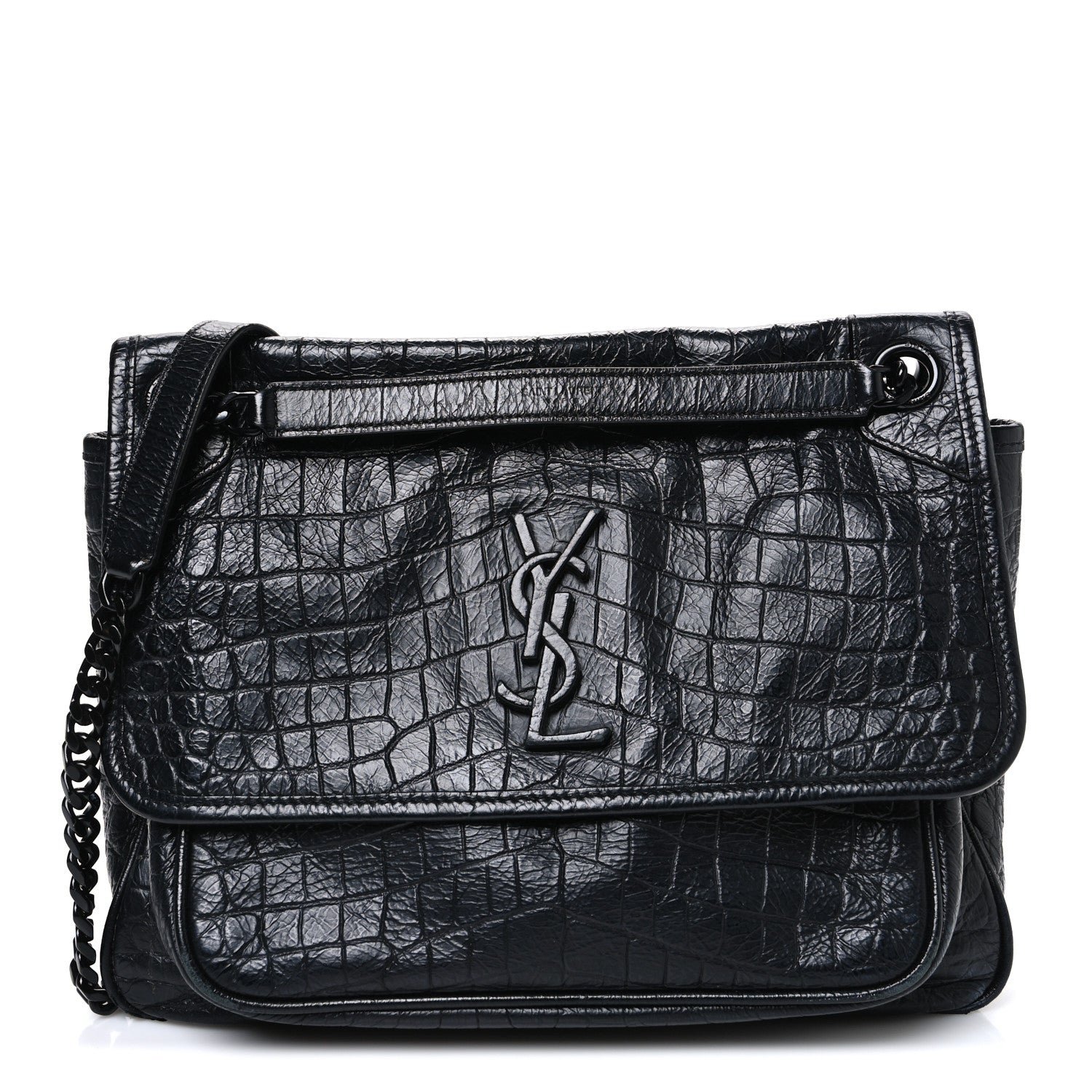 Saint Laurent Saint Laurent Crocodile Embossed Lambskin Monogram Medium Niki Chain Satchel Black