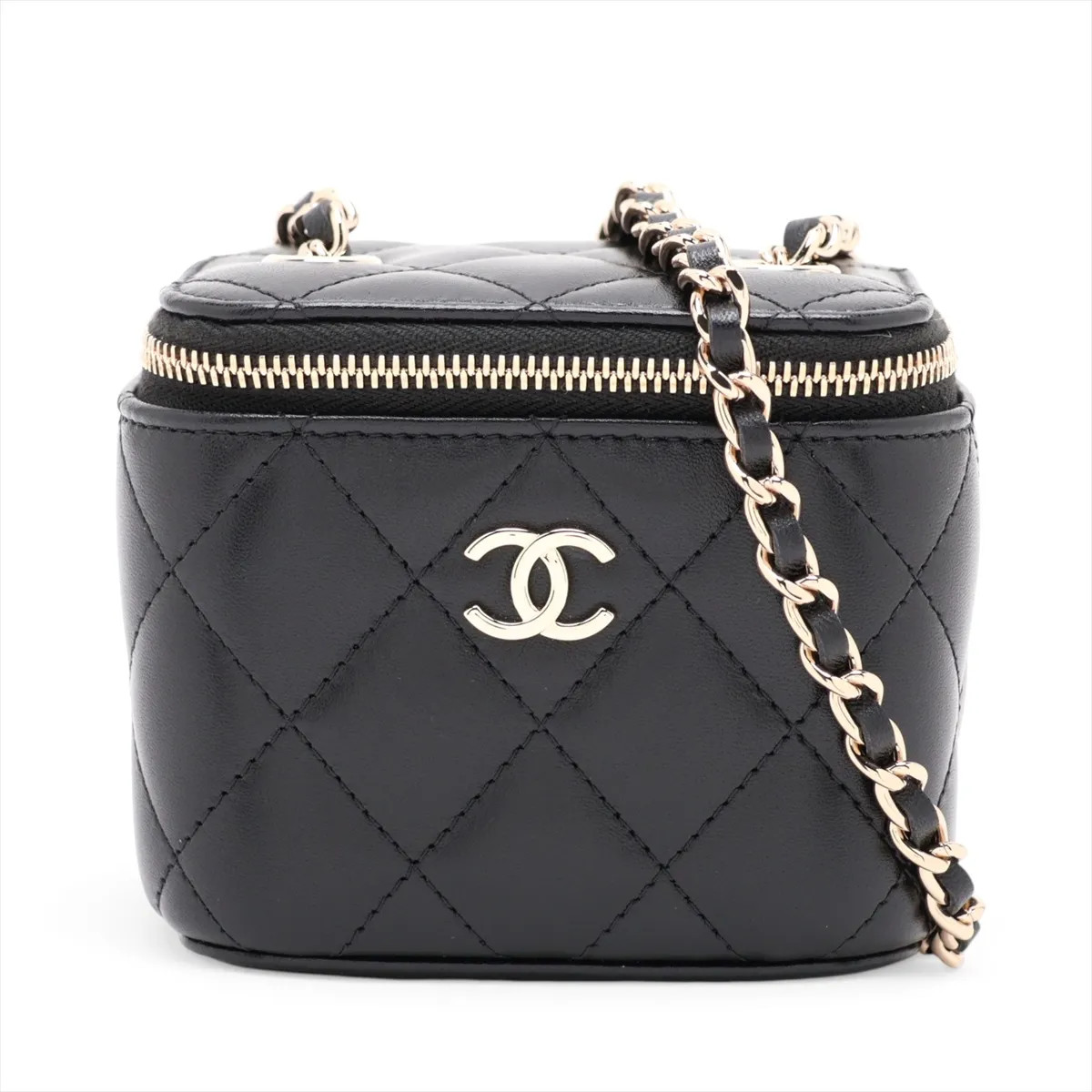 Chanel Matelasse Lambskin Chain Shoulder Bag Vanity Camelia Black Gold Metal Fit