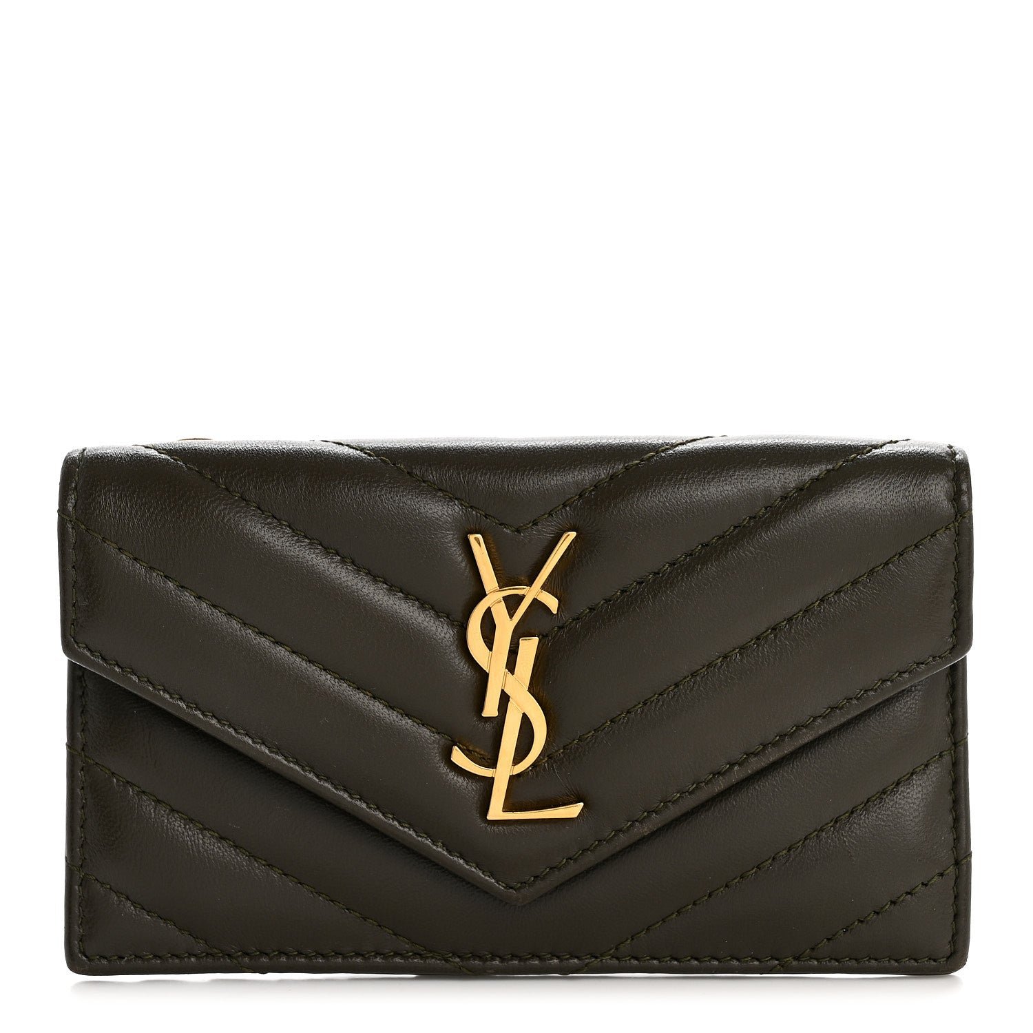 Saint Laurent Calfskin Matelasse Chevron Monogram Fragments Zippered Card Case Light Musk