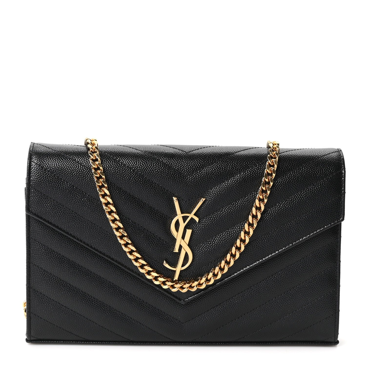 Saint Laurent Grain De Poudre Matelasse Chevron Monogram Chain Wallet Black