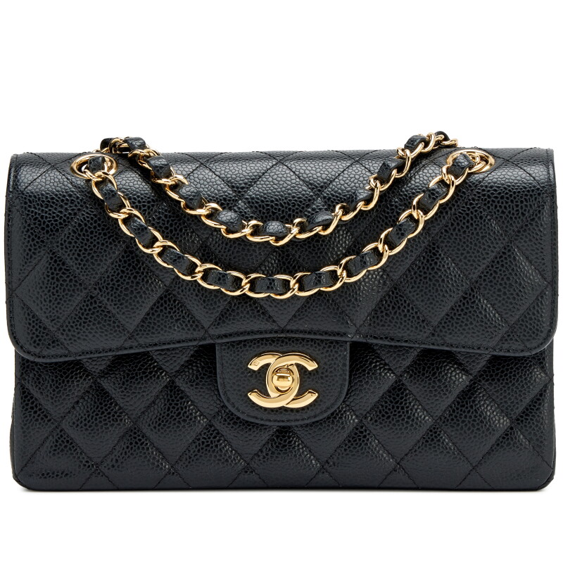 Vintage Black Quilted Caviar Small Classic Double Flap Bag Gold Hardware, 2005-2006