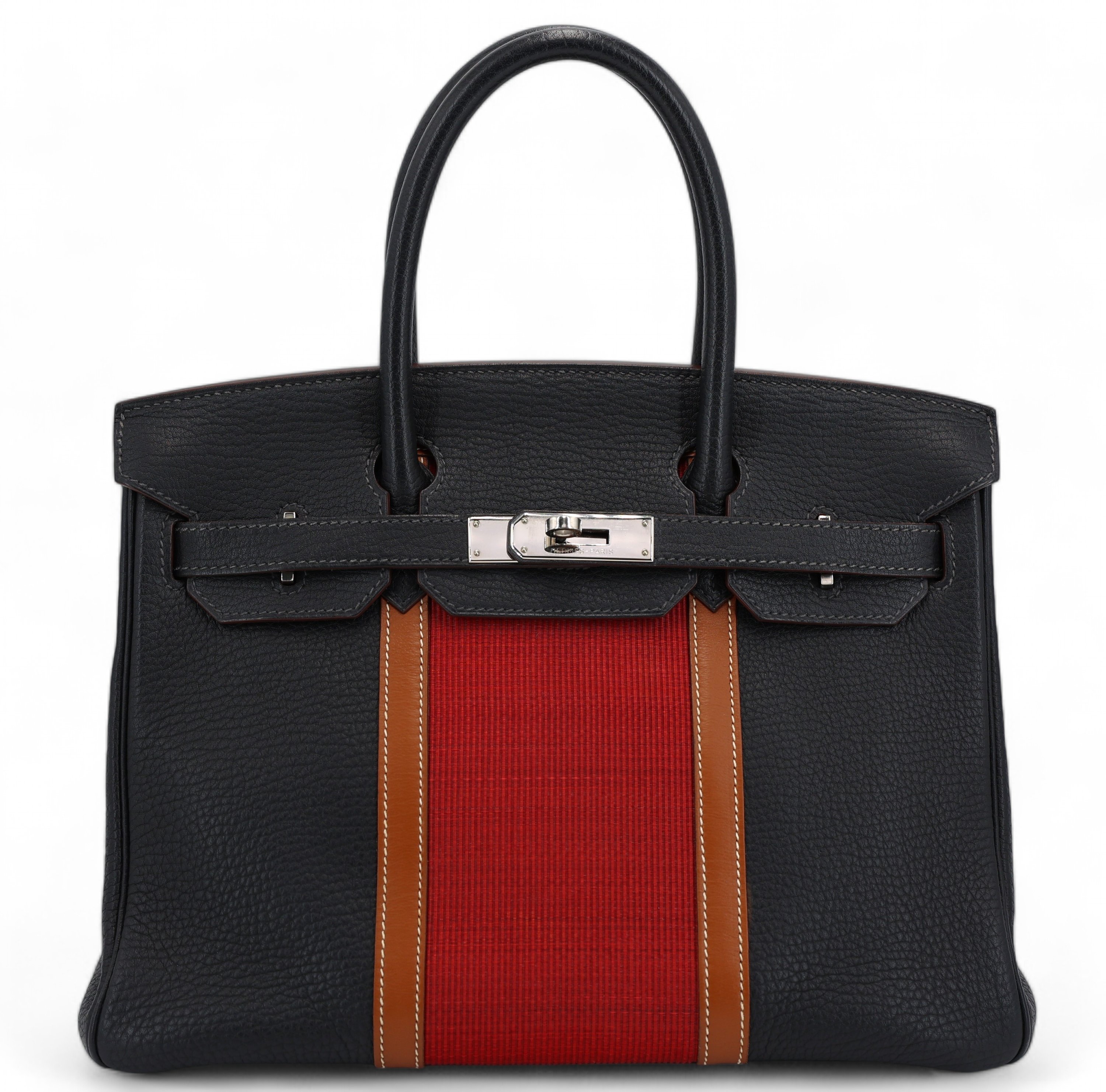 Very Good ( Rank A) HERMÈS Birkin 30 Club Fauve (34) Bleu Indigo (76) Rouge Fjord Crinoline Barenia Palladium hardware Square O (2011)