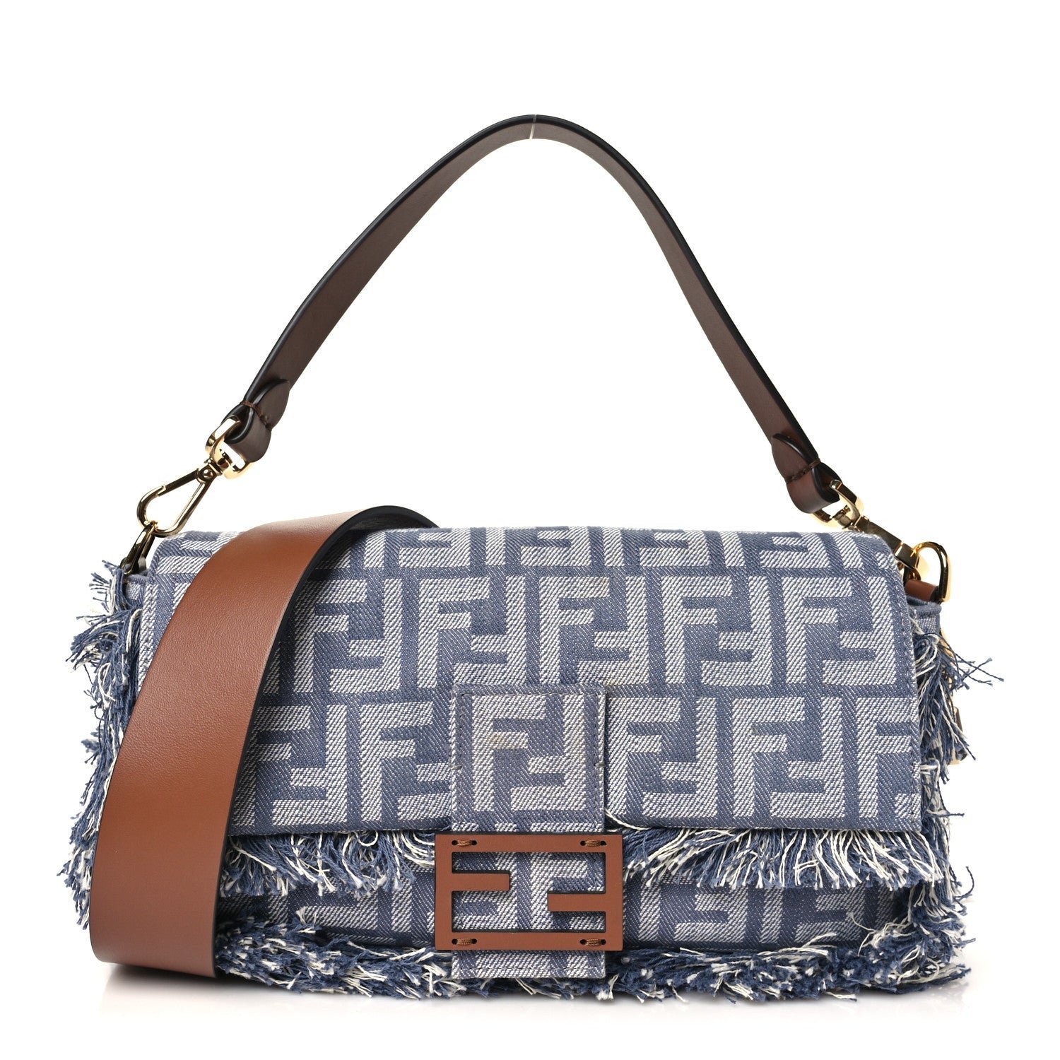 Fendi Denim Vitello Fringe FF Embroidered Baguette Myrtle Dark Nut