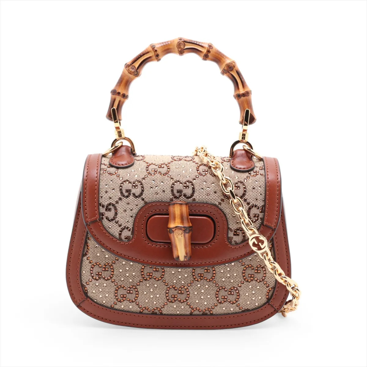 Gucci Bamboo 1947 GG Canvas 735116 Canvas x leather x rhinestone 2 Way Handbag B