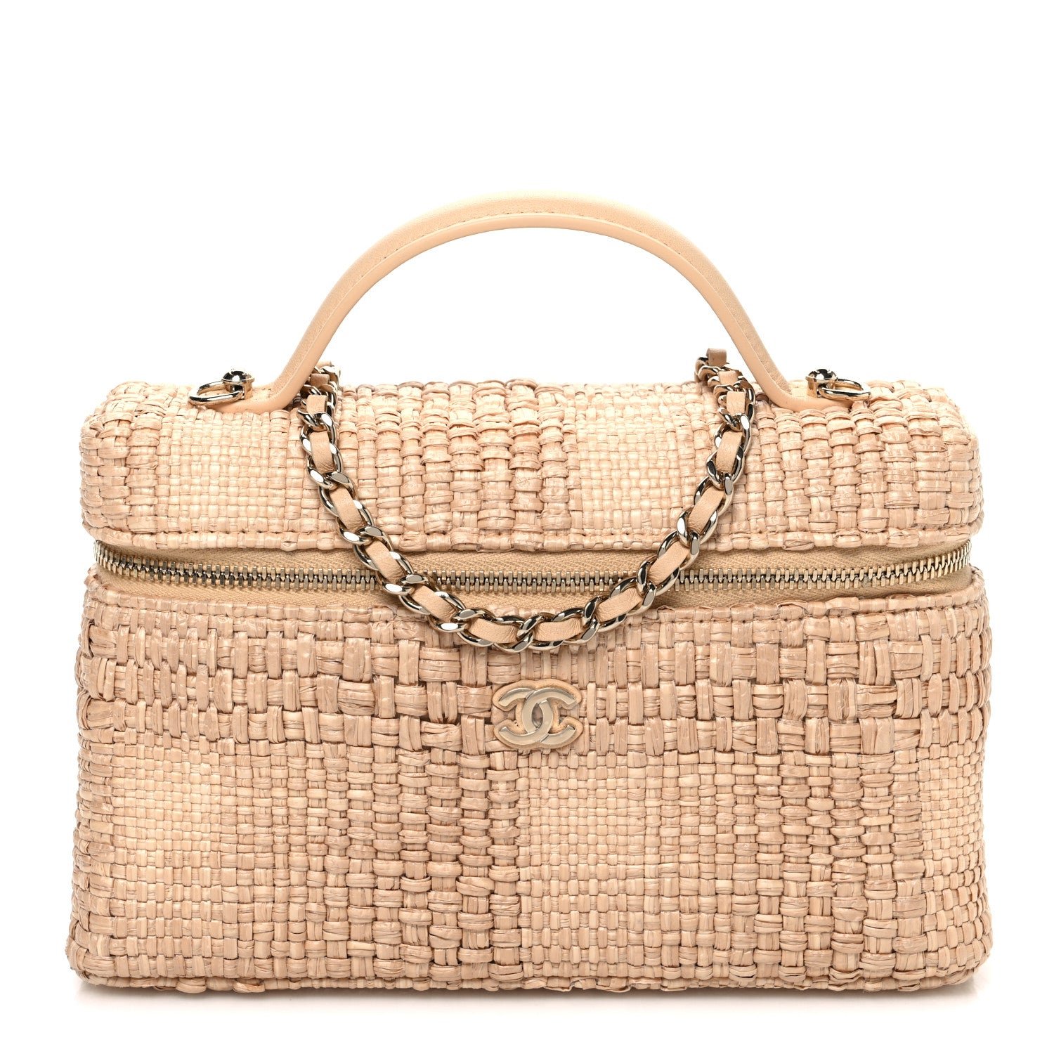 Chanel Braided Raffia Quilted Top Handle Slim Vanity Case With Chain Beige