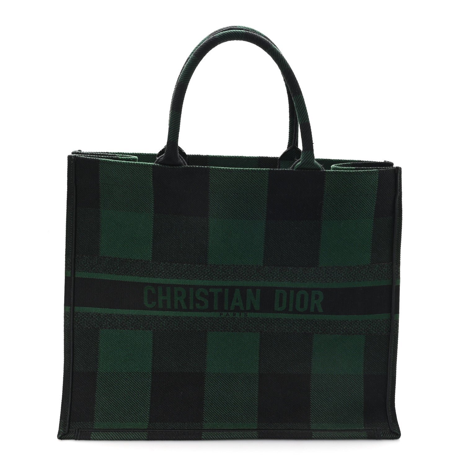 Christian Dior Canvas Embroidered Large Checkered Book Tote Black Green