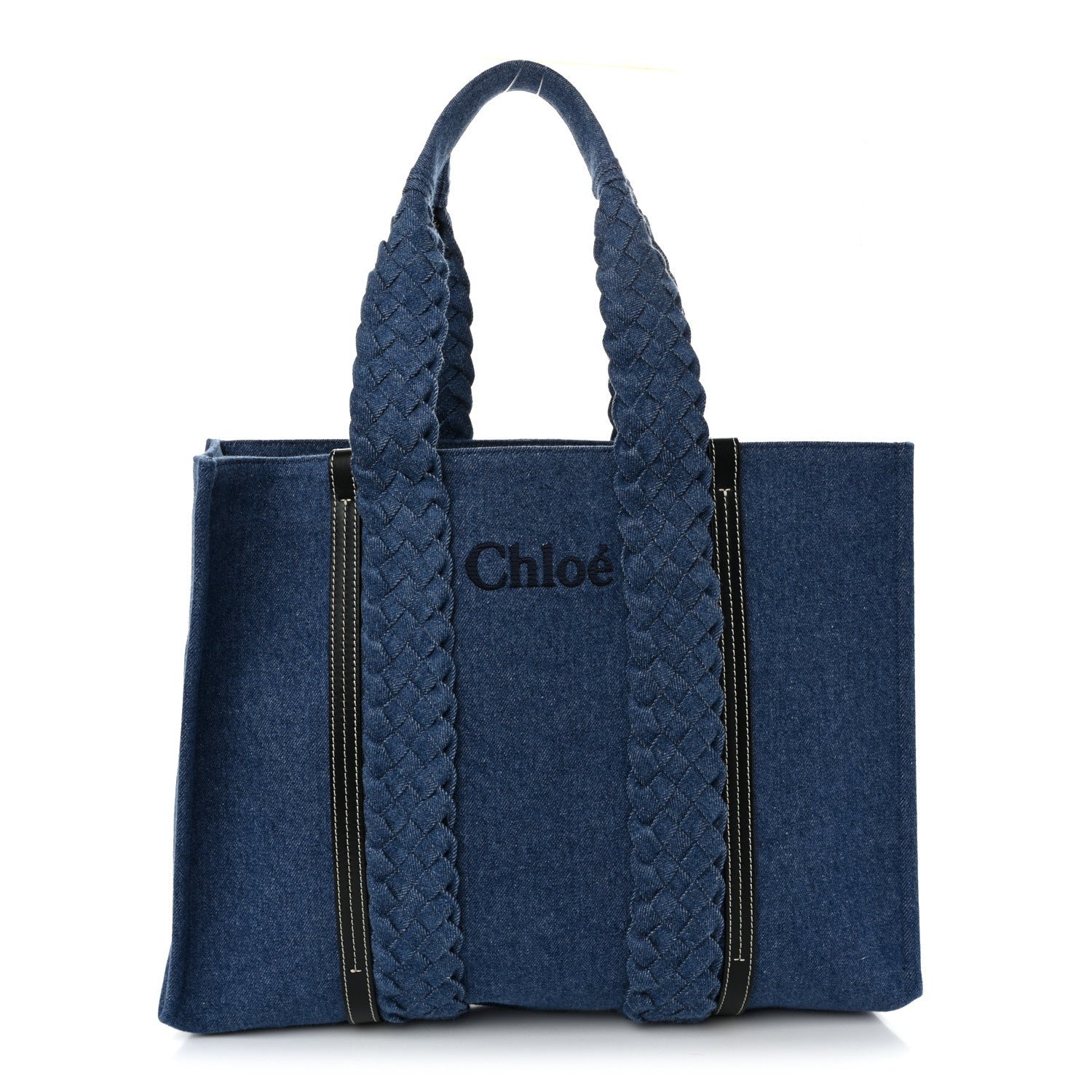 Chloe Chloe Denim Calfskin Large Braided Woody Ribbon Tote Blue