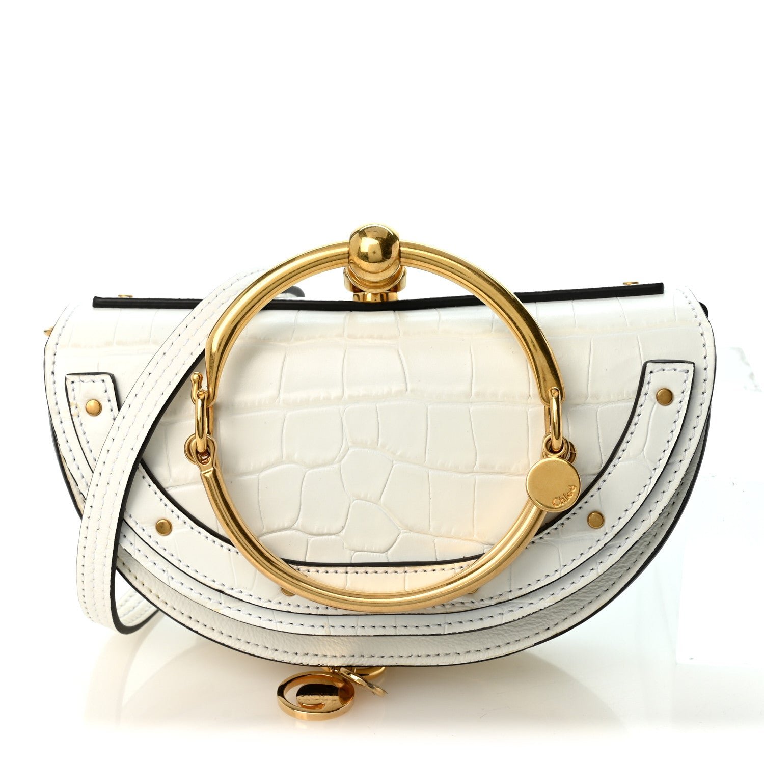 Chloe Calfskin Crocodile Embossed Small Nile Bracelet Minaudiere Bag White