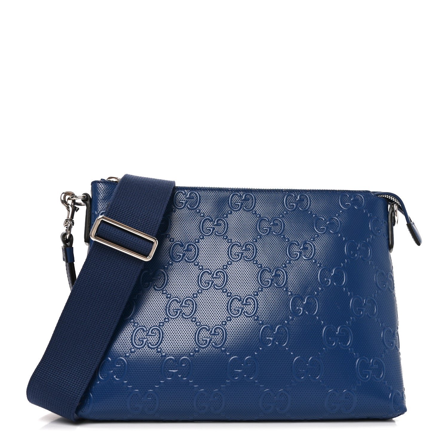 Gucci Calfskin GG Tennis Embossed Medium Wristlet Messenger Bag Intense Metal Blue