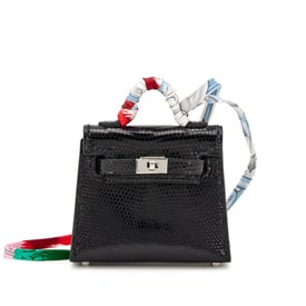 Hermes Black Shiny Niloticus Lizard Micro Mini Twilly Kelly Bag Charm Palladium Hardware, 2019