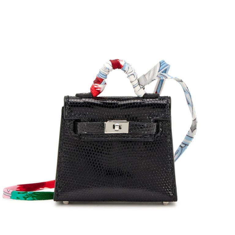 Hermes Black Shiny Niloticus Lizard Micro Mini Twilly Kelly Bag Charm Palladium Hardware, 2019