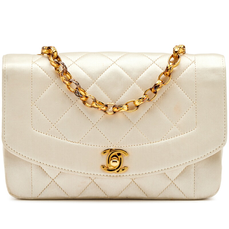 Vintage Ivory Quilted Satin Mini Diana Bijoux Chain Flap Bag Gold Hardware, 1989-1991