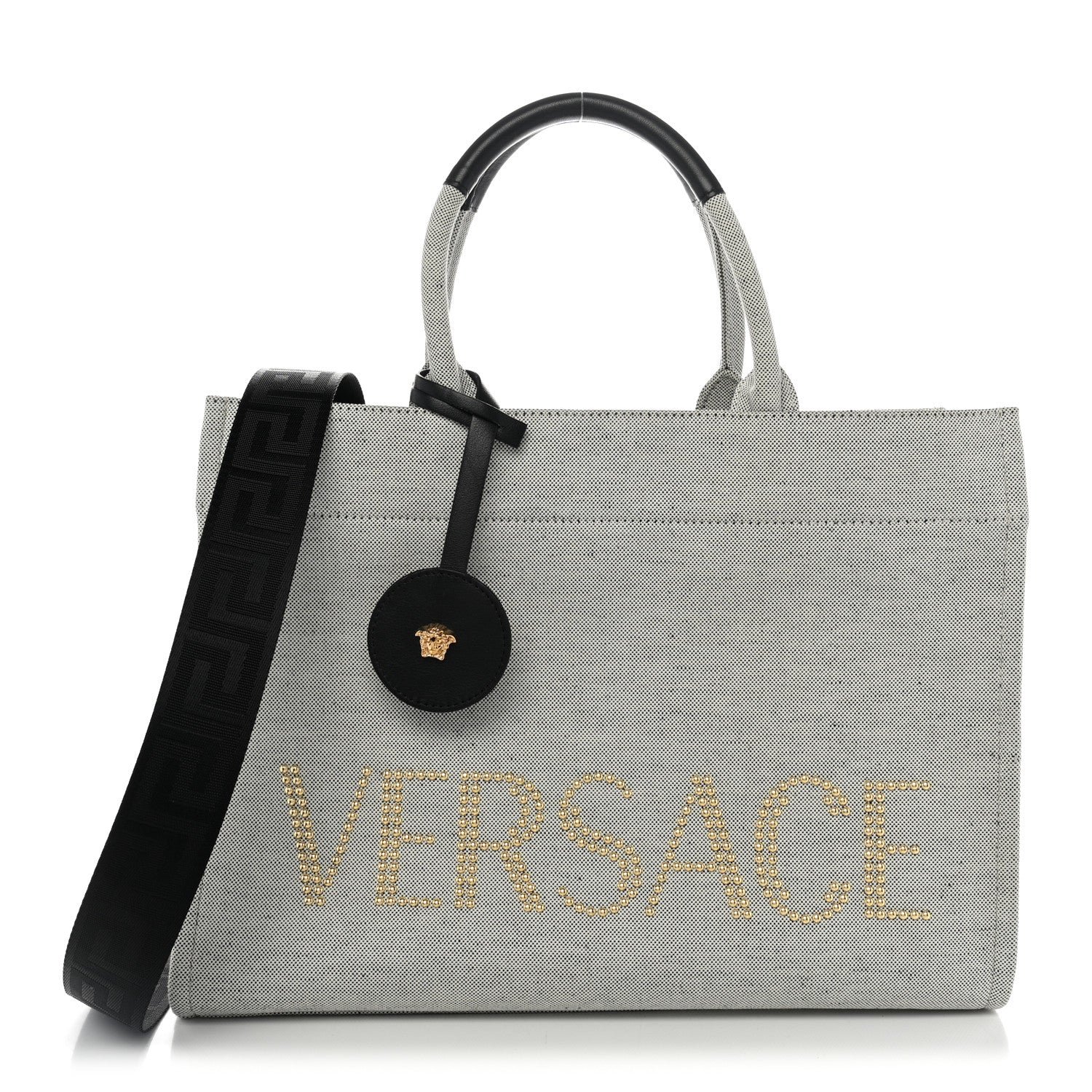 Versace Canvas Calfskin Studded Large Logo Tote Bag Ecru Black