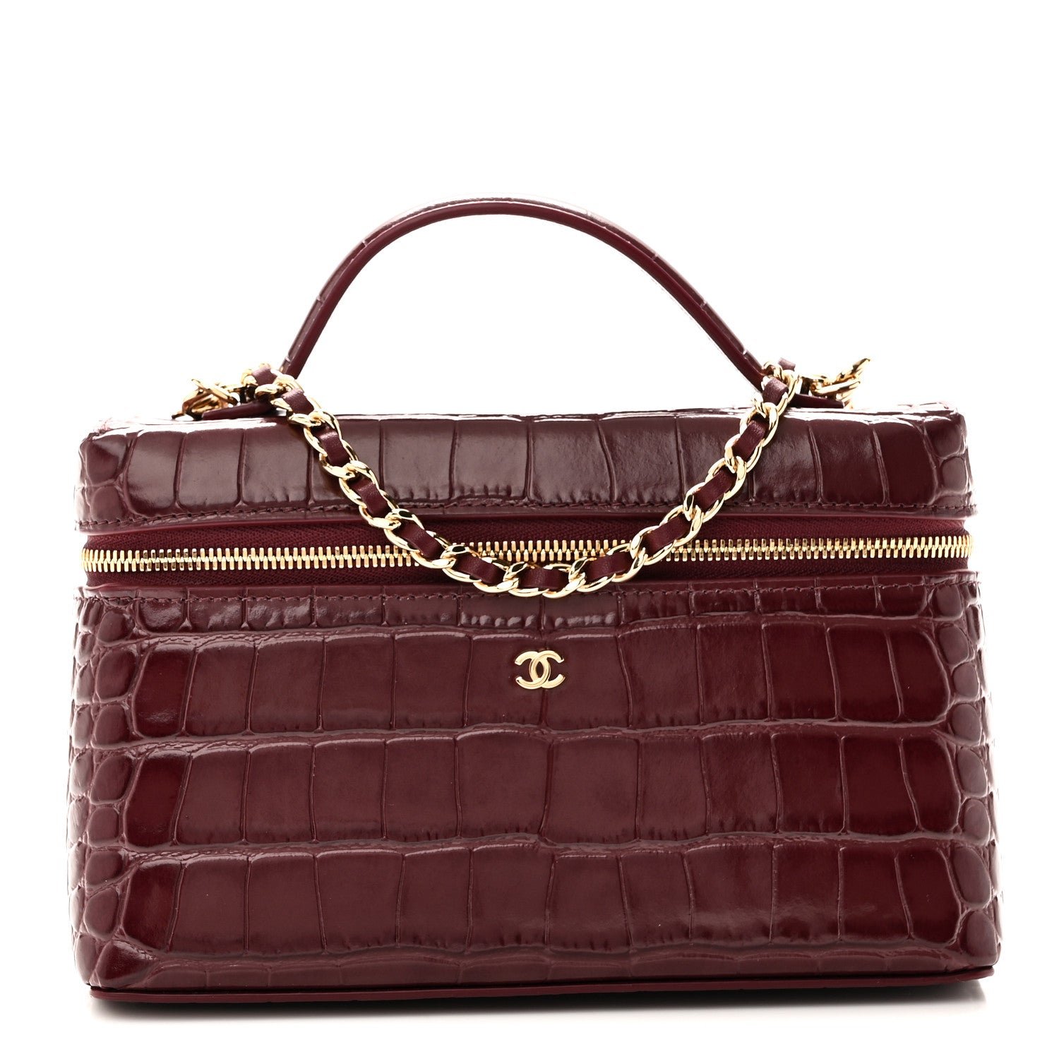 Chanel Calfskin Crocodile Embossed Crococo Top Handle Slim Vanity Case With Chain Dark Burgundy