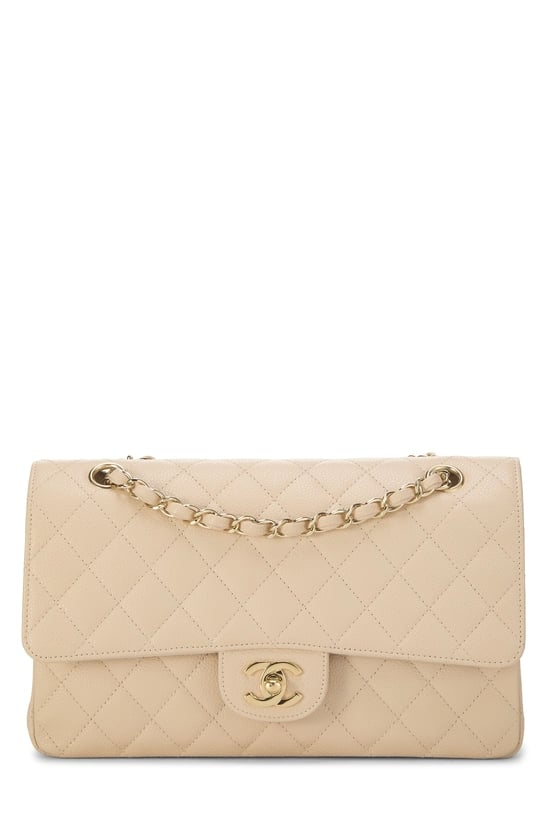 Beige Quilted Caviar Classic Double Flap Medium