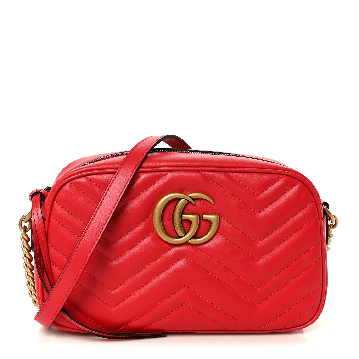 Gucci Calfskin Matelasse Small GG Marmont Chain Shoulder Bag Hibiscus Red