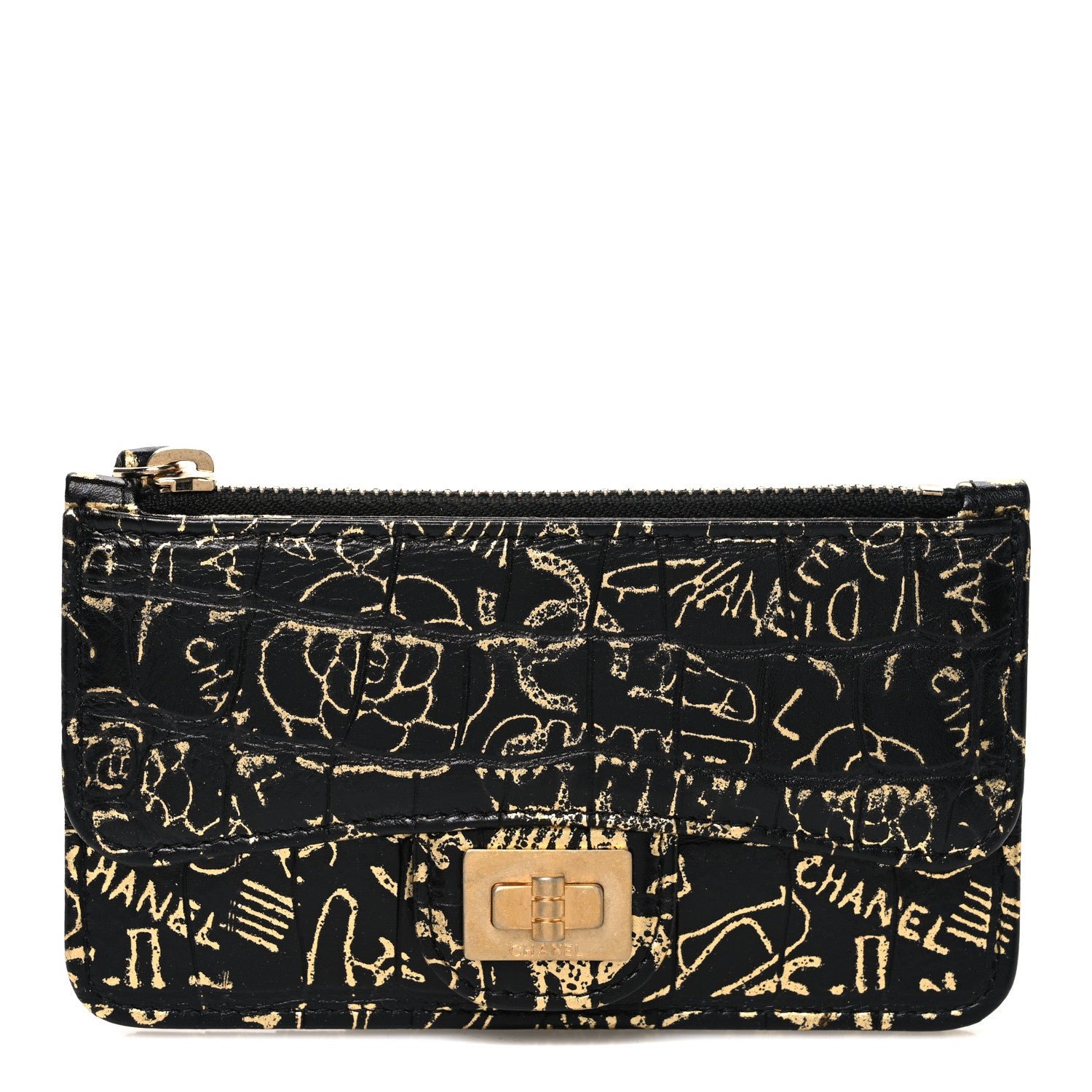 Chanel Calfskin Crocodile Embossed Graffiti Reissue Flap Zip Card Holder Black Gold