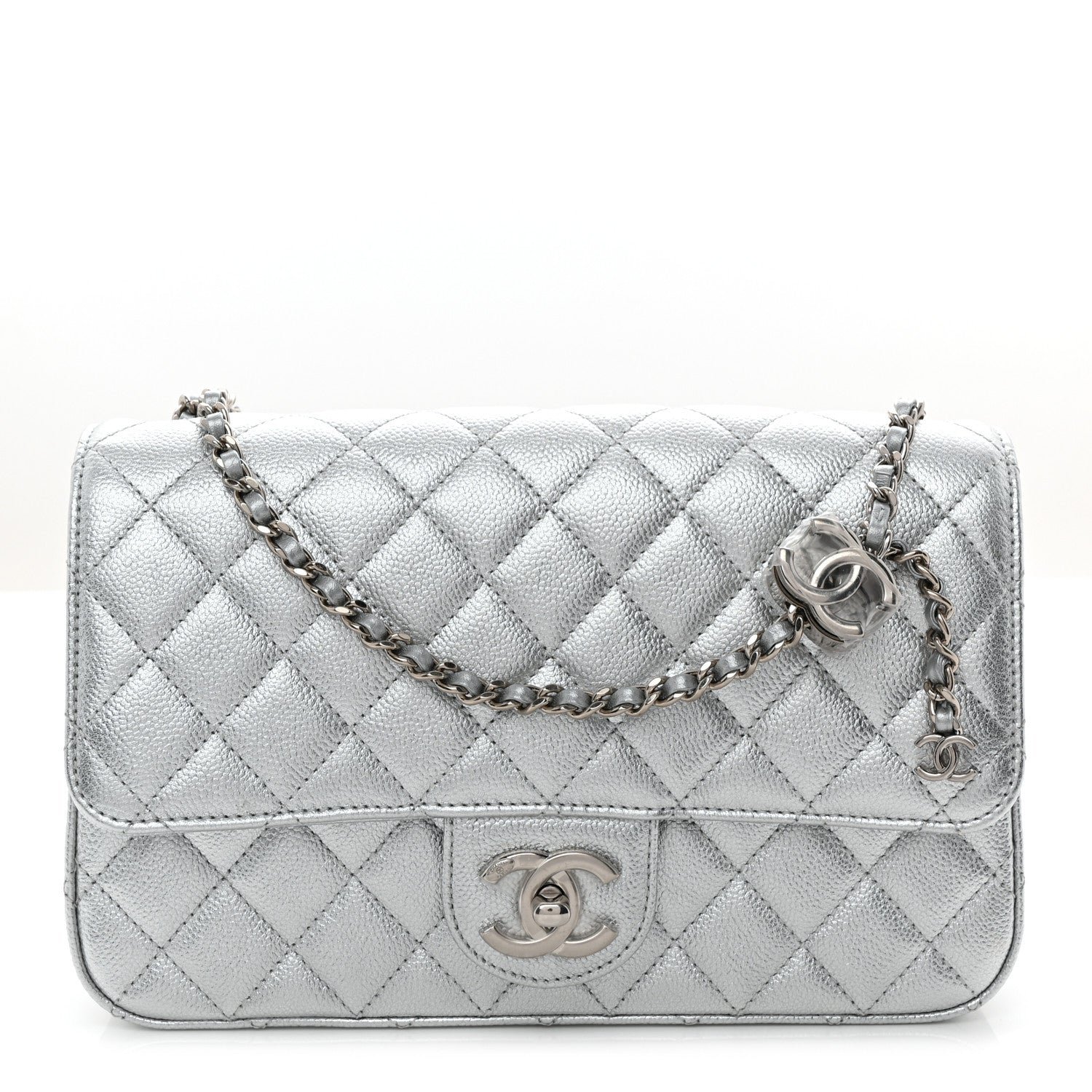 Chanel Metallic Caviar Quilted Medium CC Slide Flap Silver