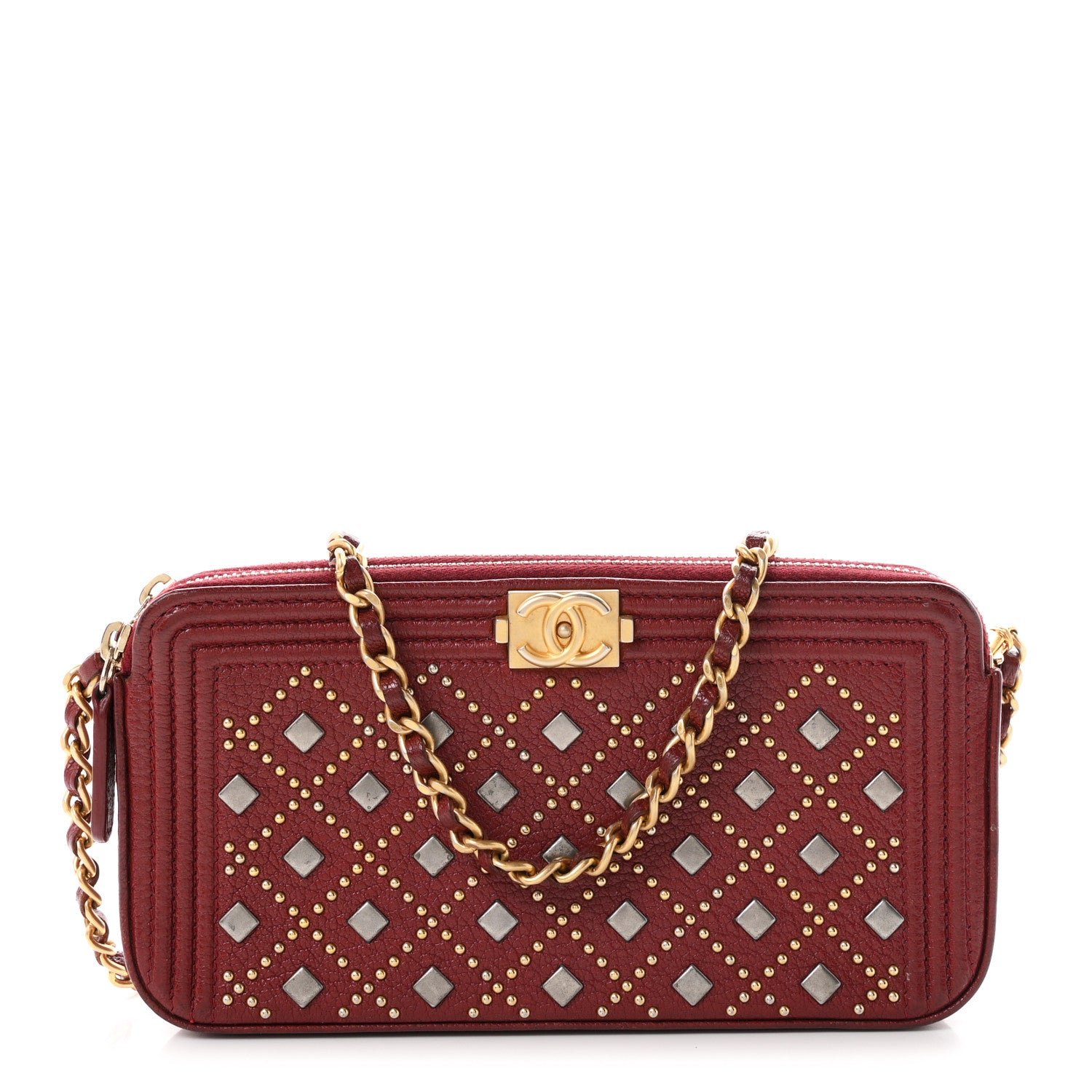 Chanel Grained Calfskin Studded Small Boy Clutch With Chain Dark Red
