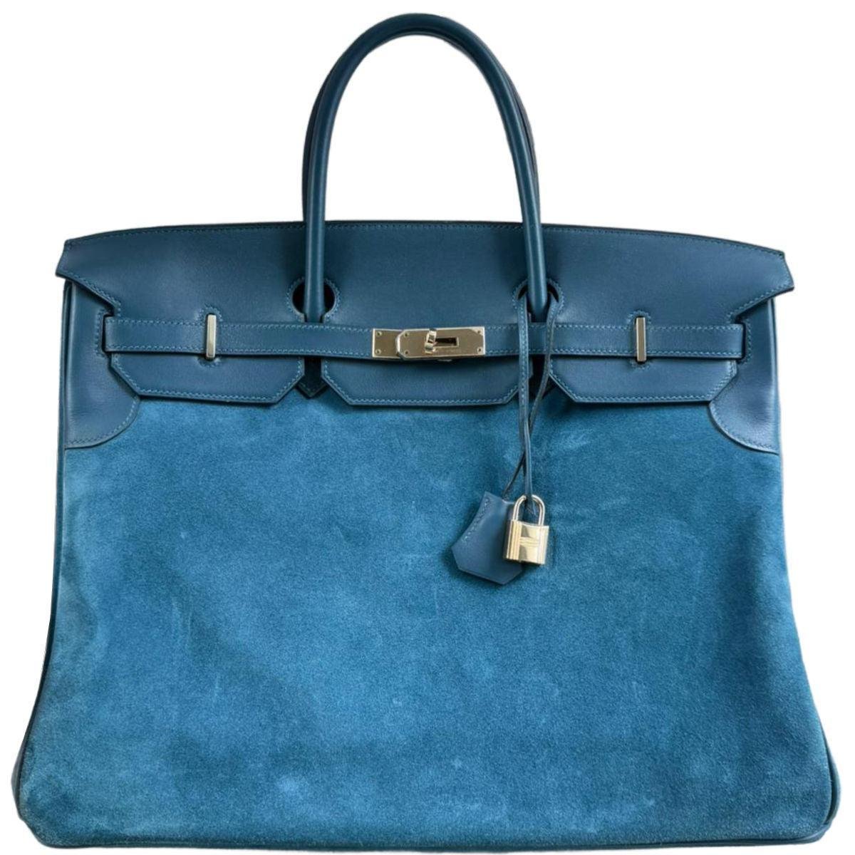Hermes Hermès Birkin 40 "Grizzly" Blue Thalassa Veau Doblis Suede & Permabrass Hardware
