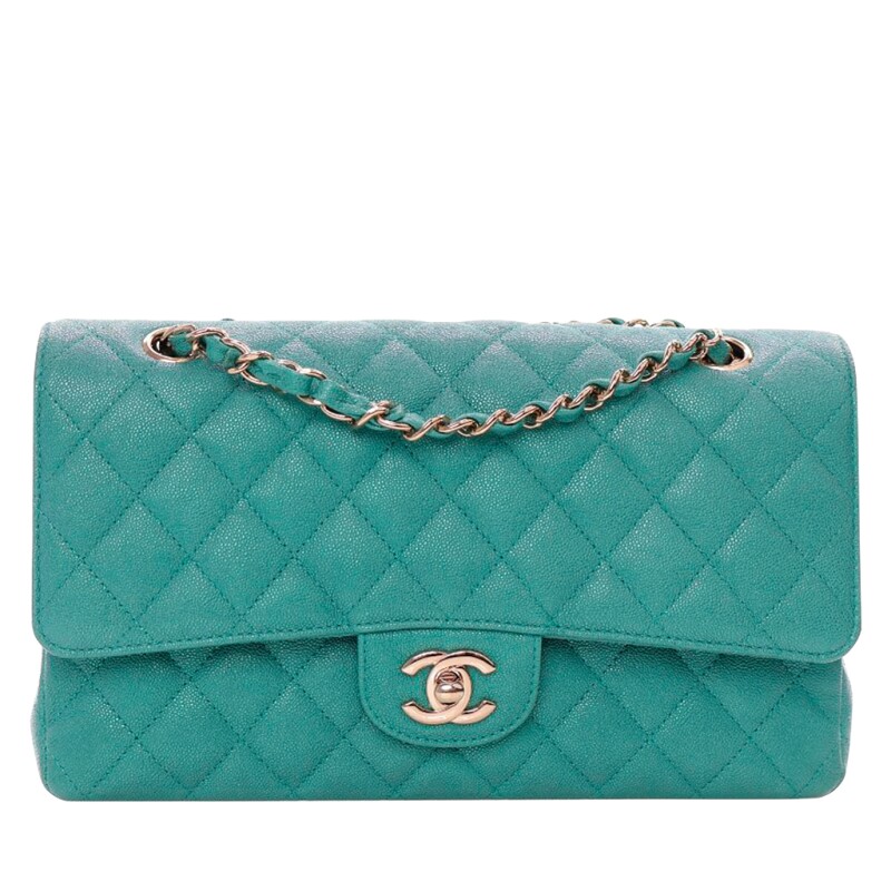 Chanel Turquoise Iridescent Quilted Caviar Medium Classic Double Flap Bag Pale Gold Hardware, 2019