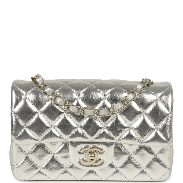 Chanel Mini Classic Rectangular Flap Bag Silver Metallic Crumpled Calfskin Light Gold Hardware