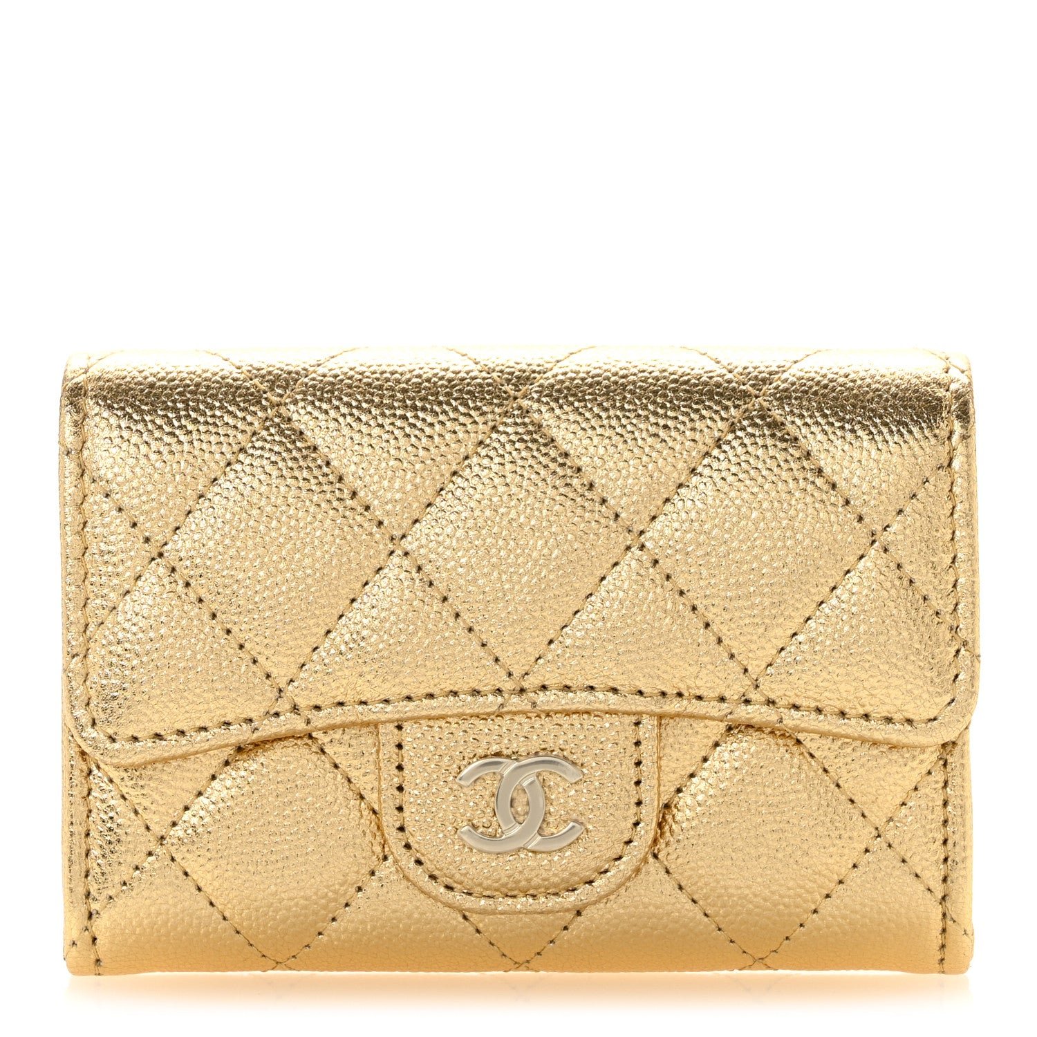Chanel Metallic Caviar Quilted Flap Card Holder Wallet Gold