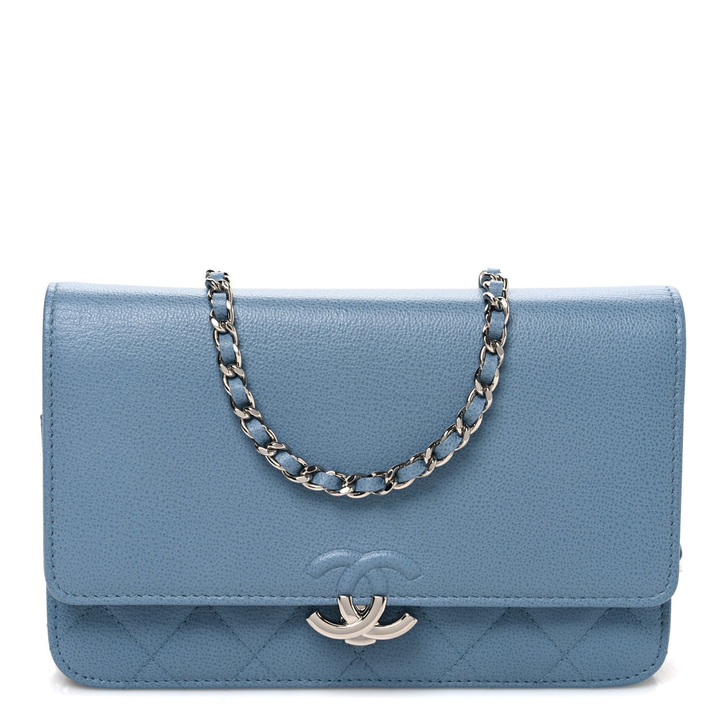 Chanel Grained Calfskin Quilted CC Box Wallet On Chain WOC Blue
