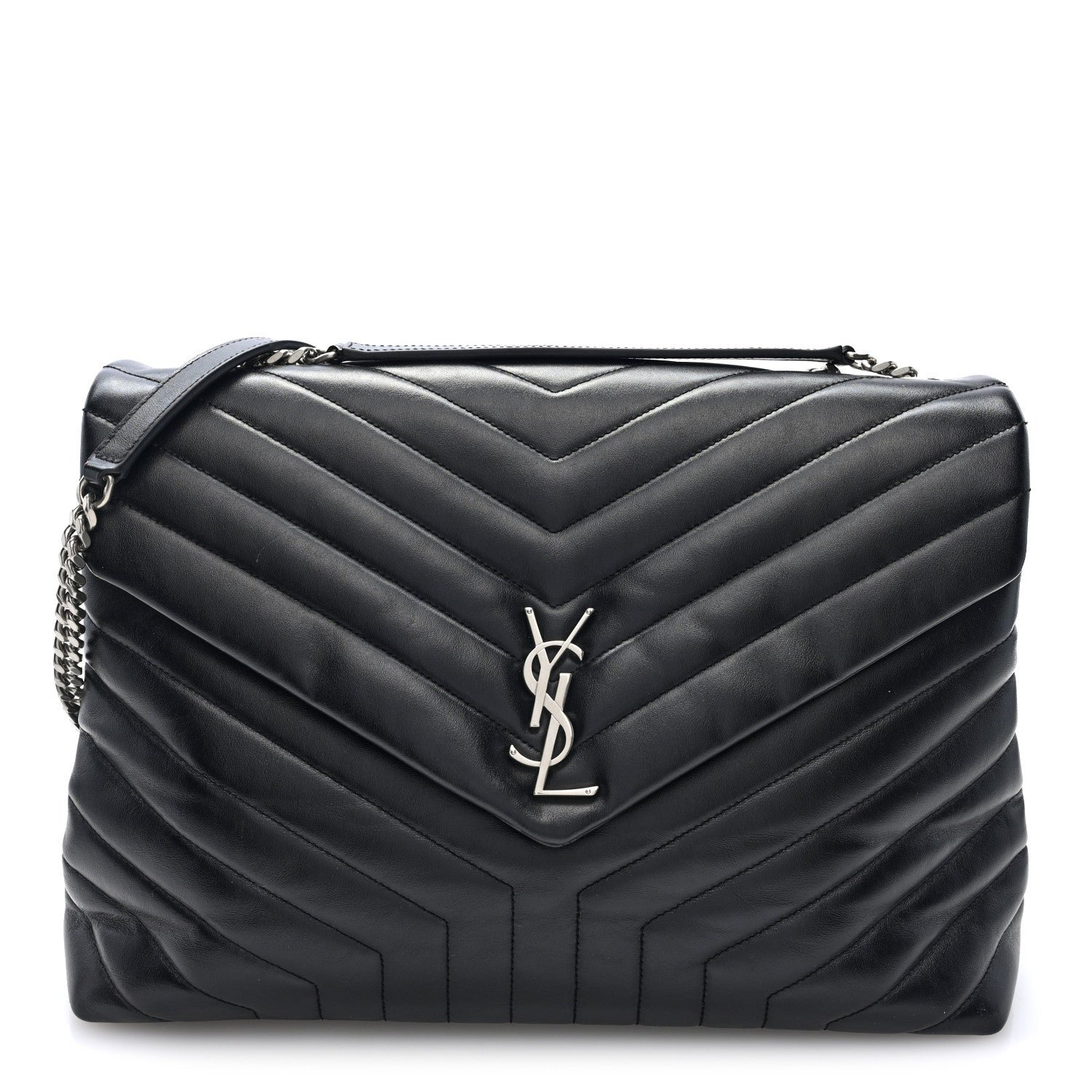 Saint Laurent Calfskin Y Quilted Monogram Large Loulou Chain Satchel Black Black