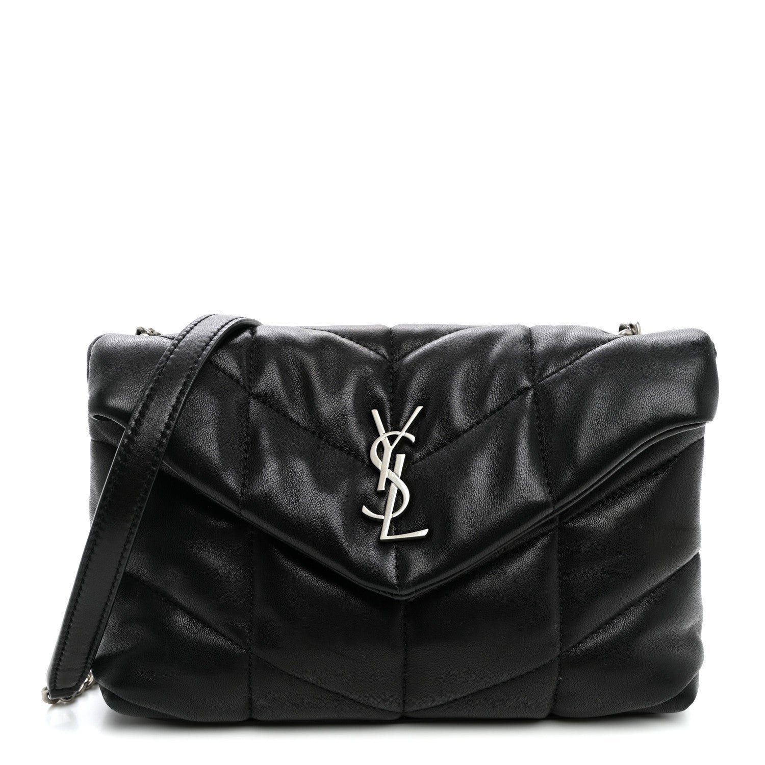 Saint Laurent Lambskin Quilted Toy Loulou Puffer Monogram Chain Satchel Black