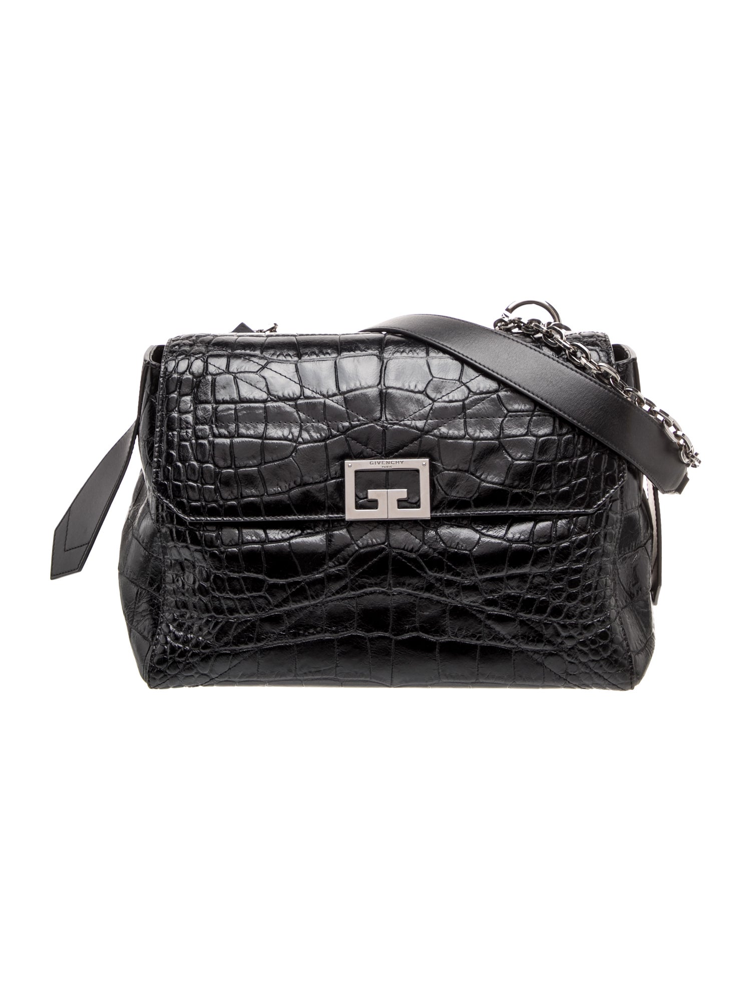 Leather Black Croc-Embossed Leather ID Flap Bag Small