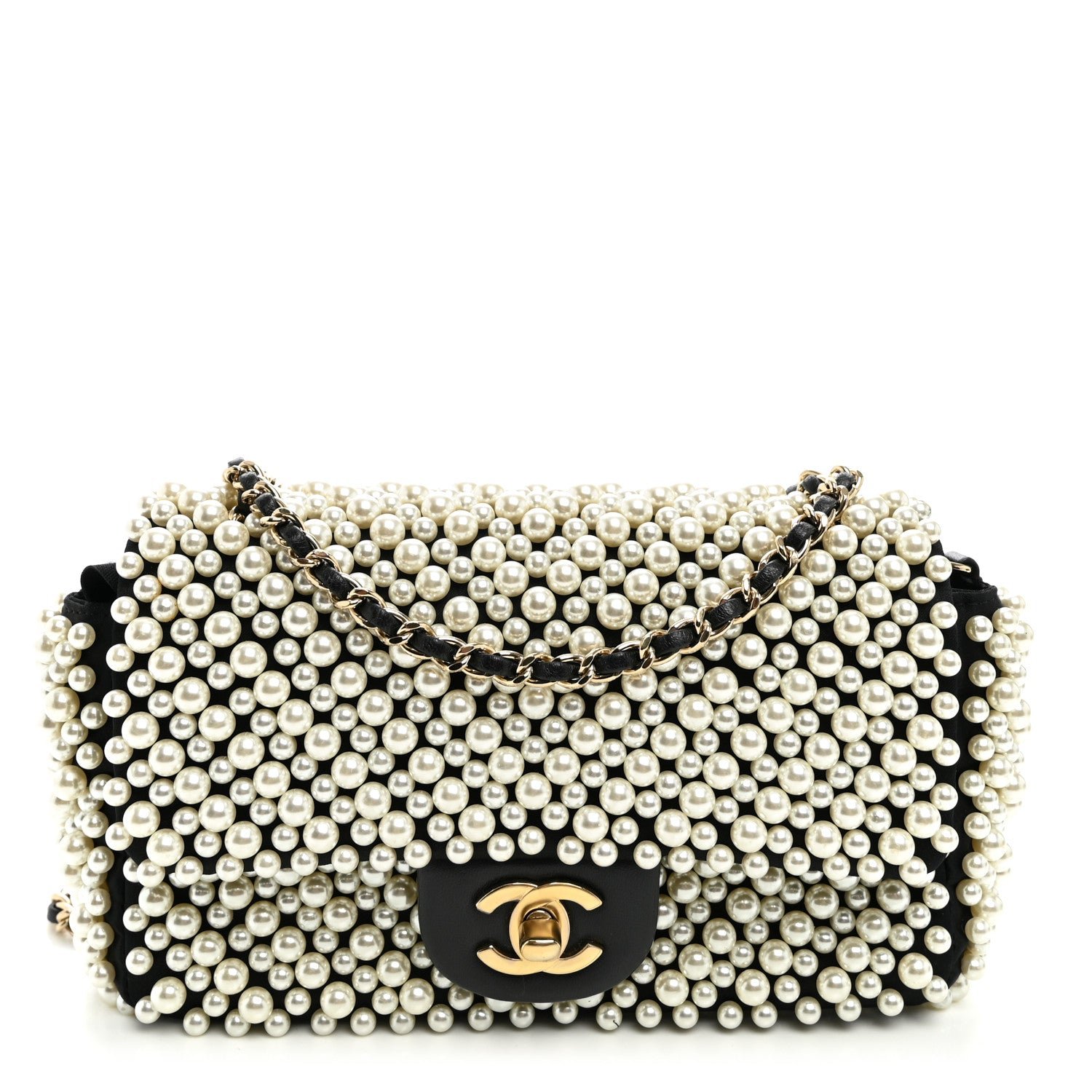 Chanel Satin Lambskin Pearl On Mini Rectangular Flap Black