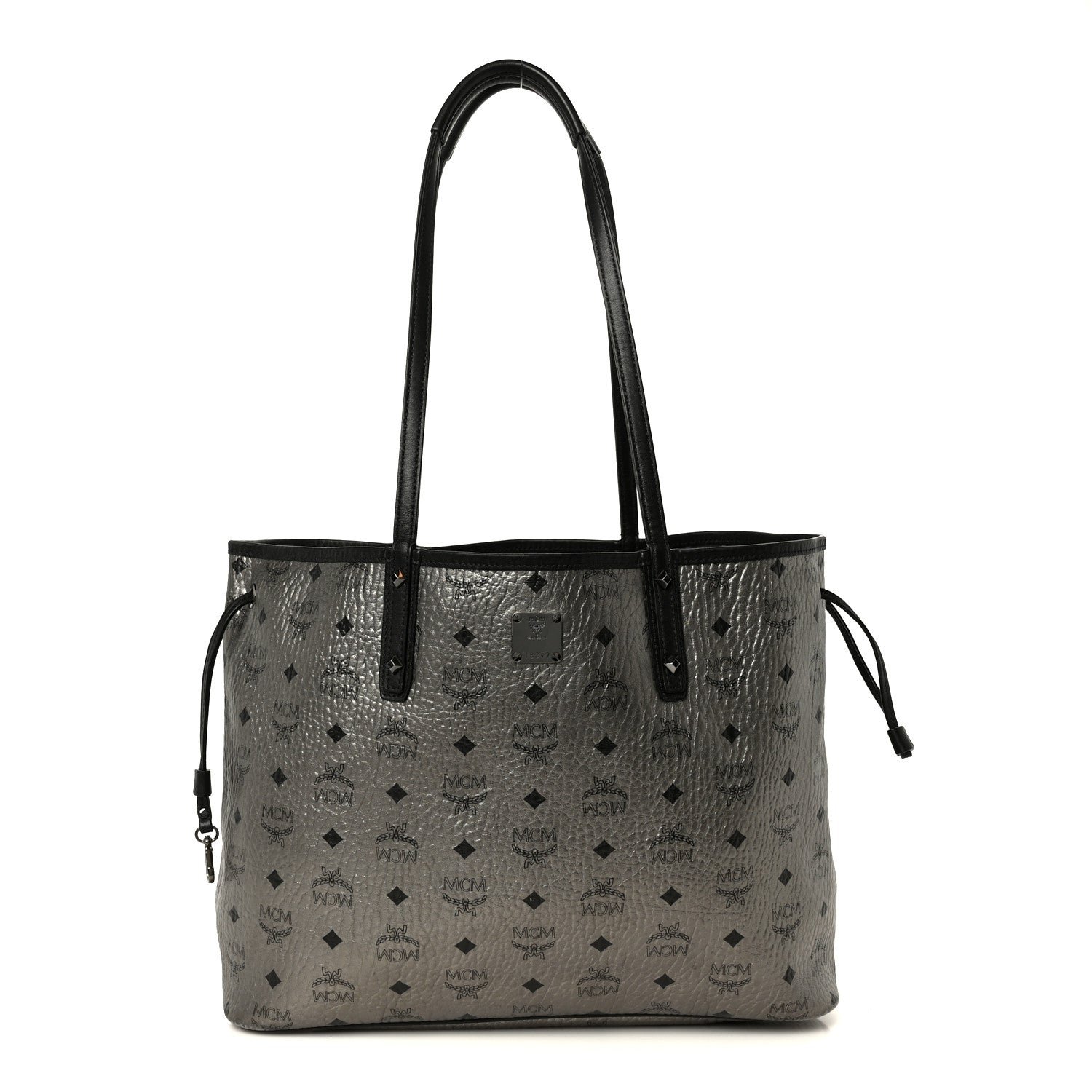 MCM MCM Metallic Visetos Medium Reversible Shopper Tote Silver Black