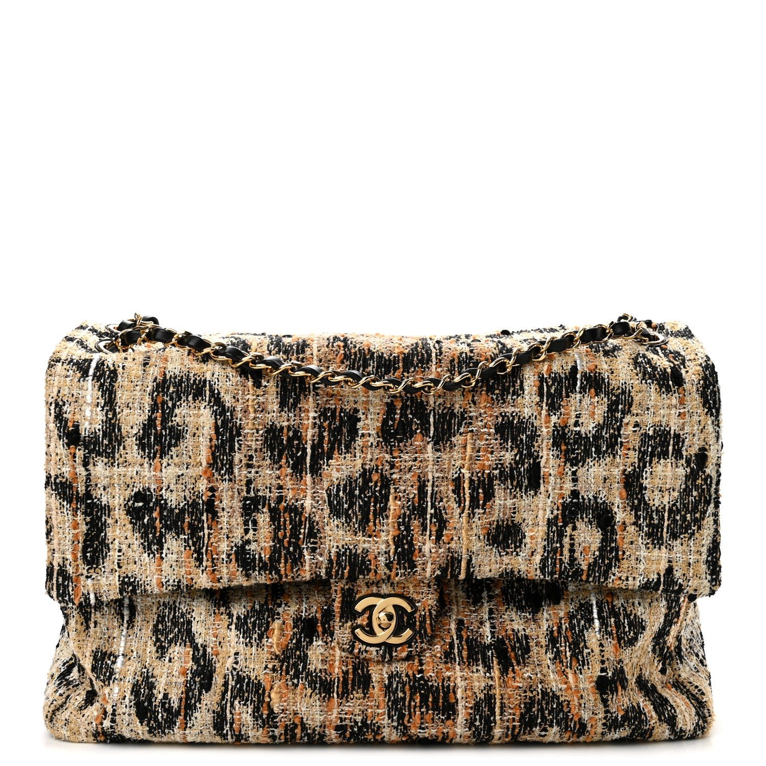 Chanel Tweed Mixed Fibers Leopard Print Souplissimo Maxi Flap Brown Black White