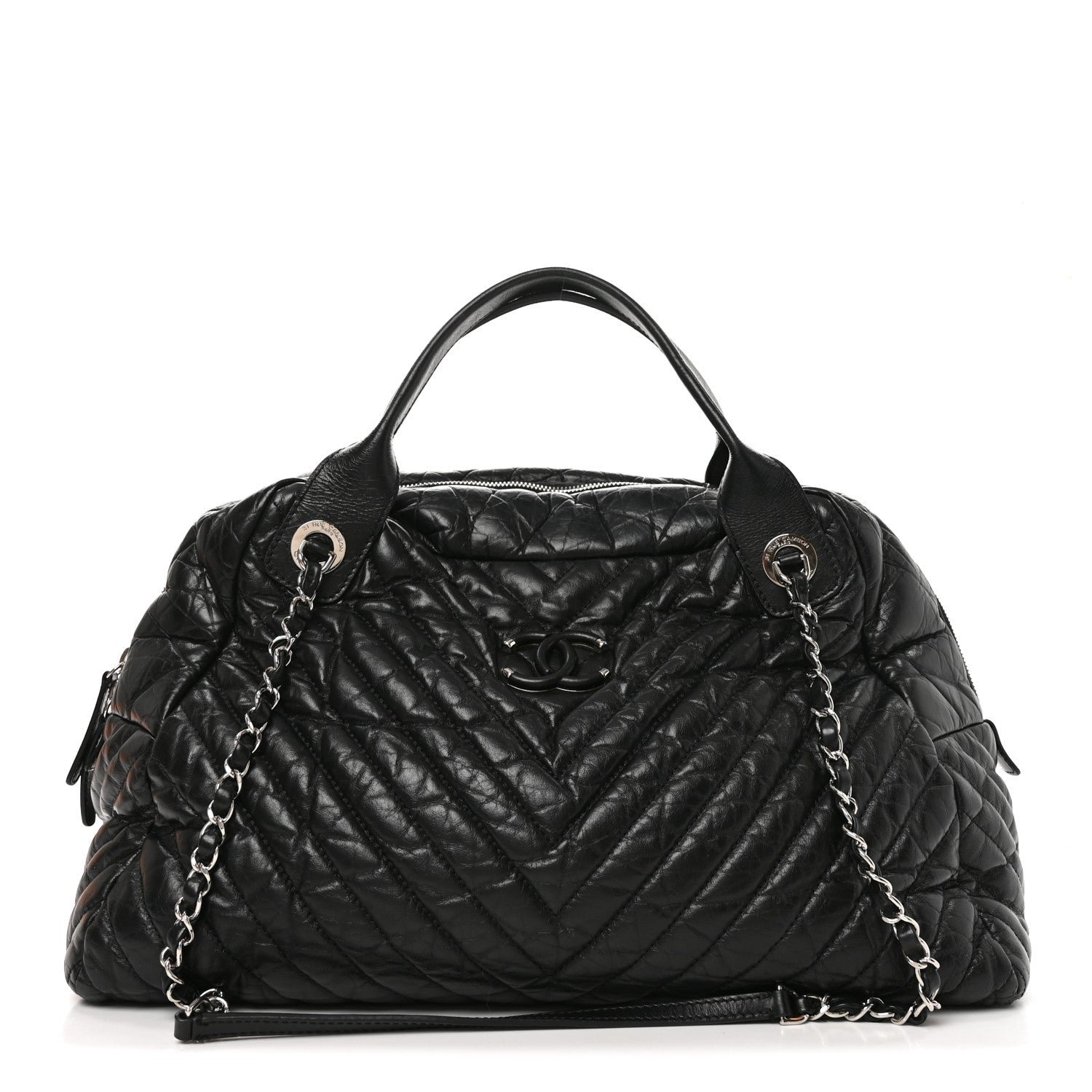 Chanel Aged Calfskin Chevron Large Soft Bowling Bag Black