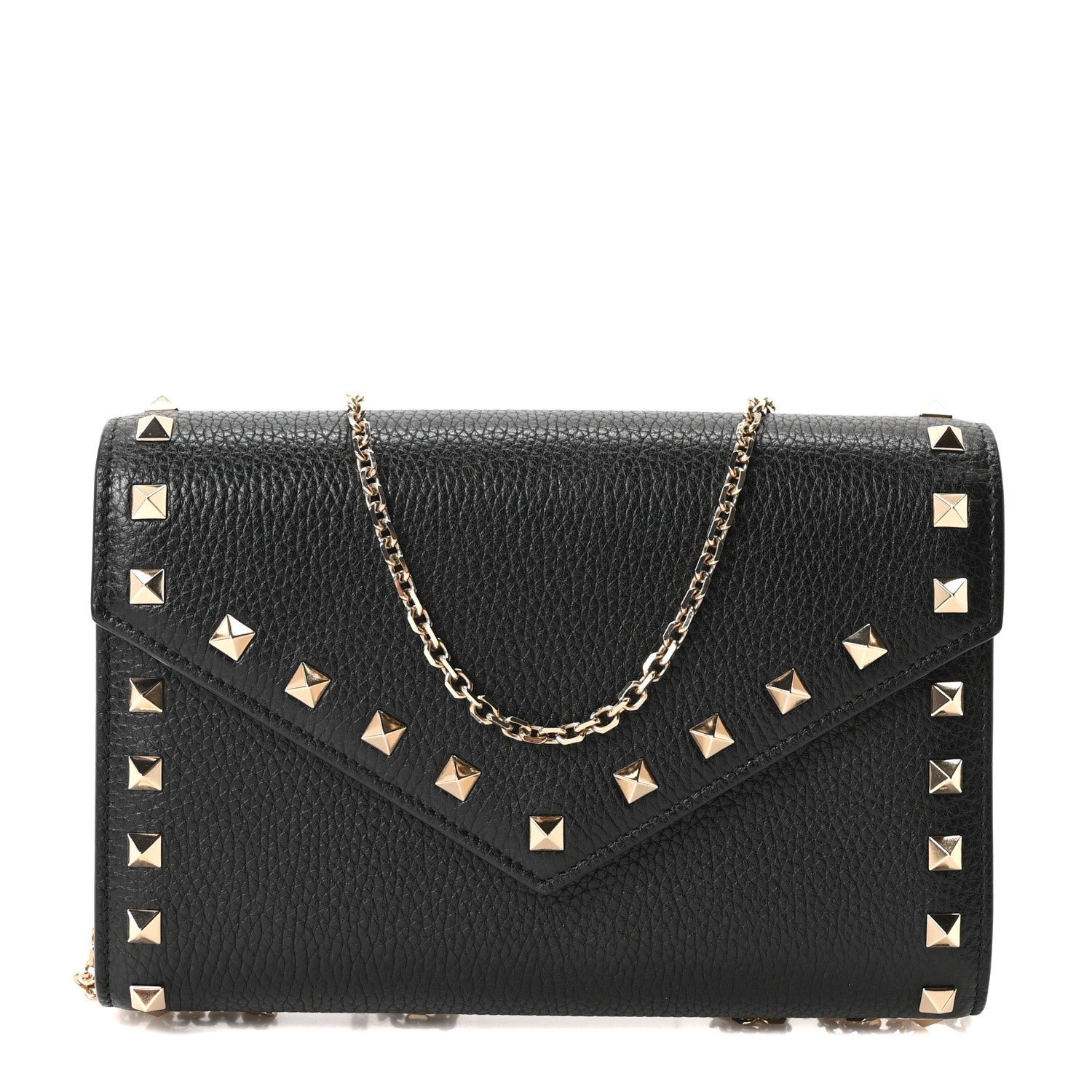 Valentino Garavani Pebbled Calfskin Rockstud Envelope Wallet on Chain Black
