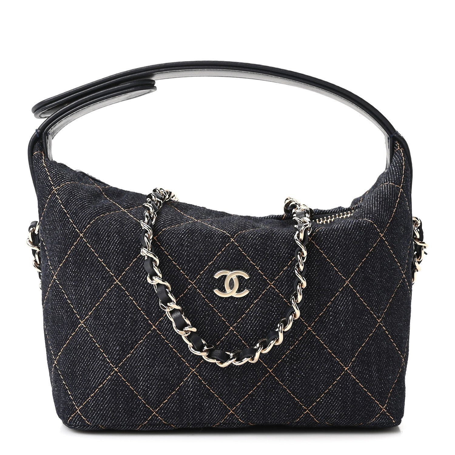 Chanel Denim Quilted Hobo Clutch With Chain Dark Blue Orange