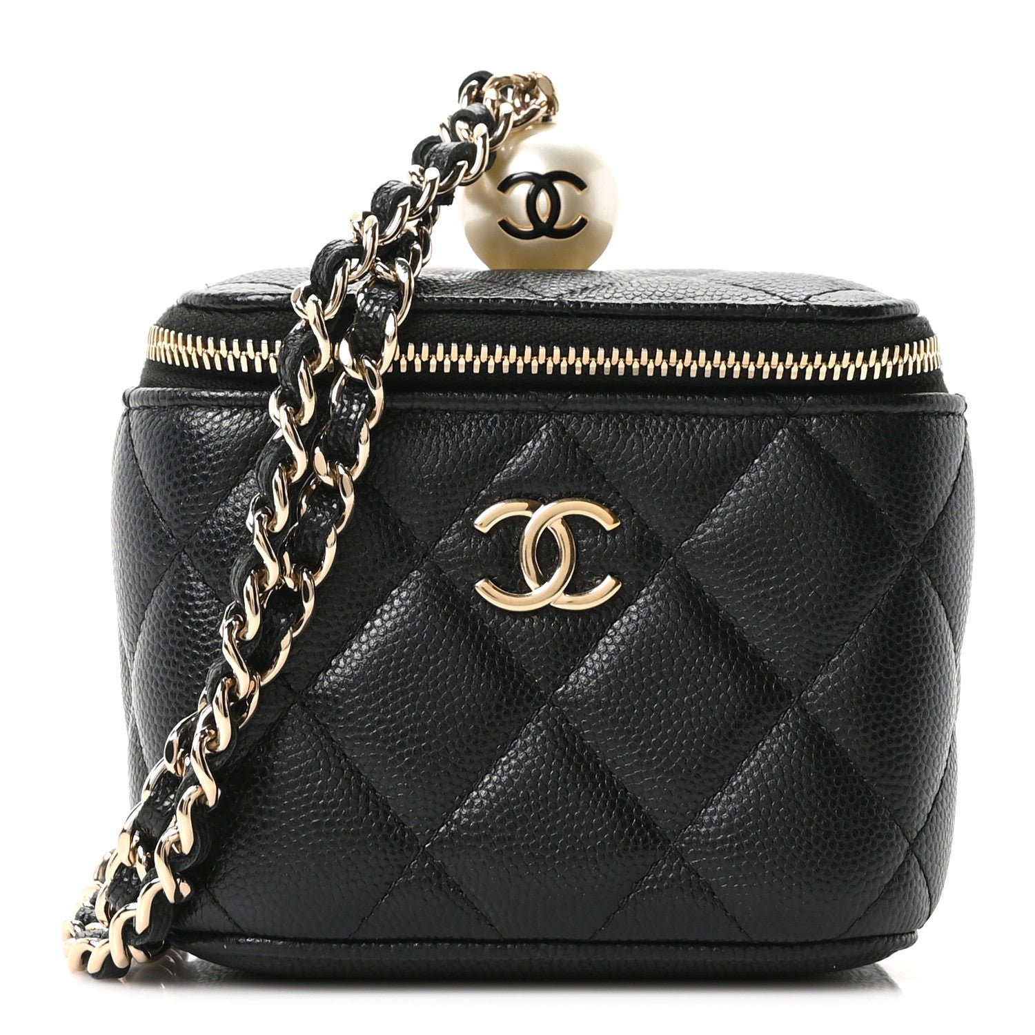 Chanel Caviar Quilted Mini Pearl On Top Vanity Case With Chain Black