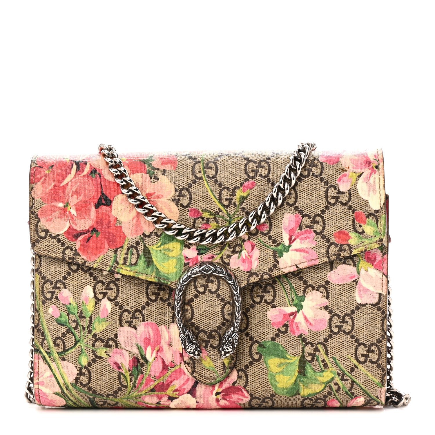 Gucci GG Supreme Monogram Blooms Mini Dionysus Chain Wallet Beige Multicolor Dry Rose