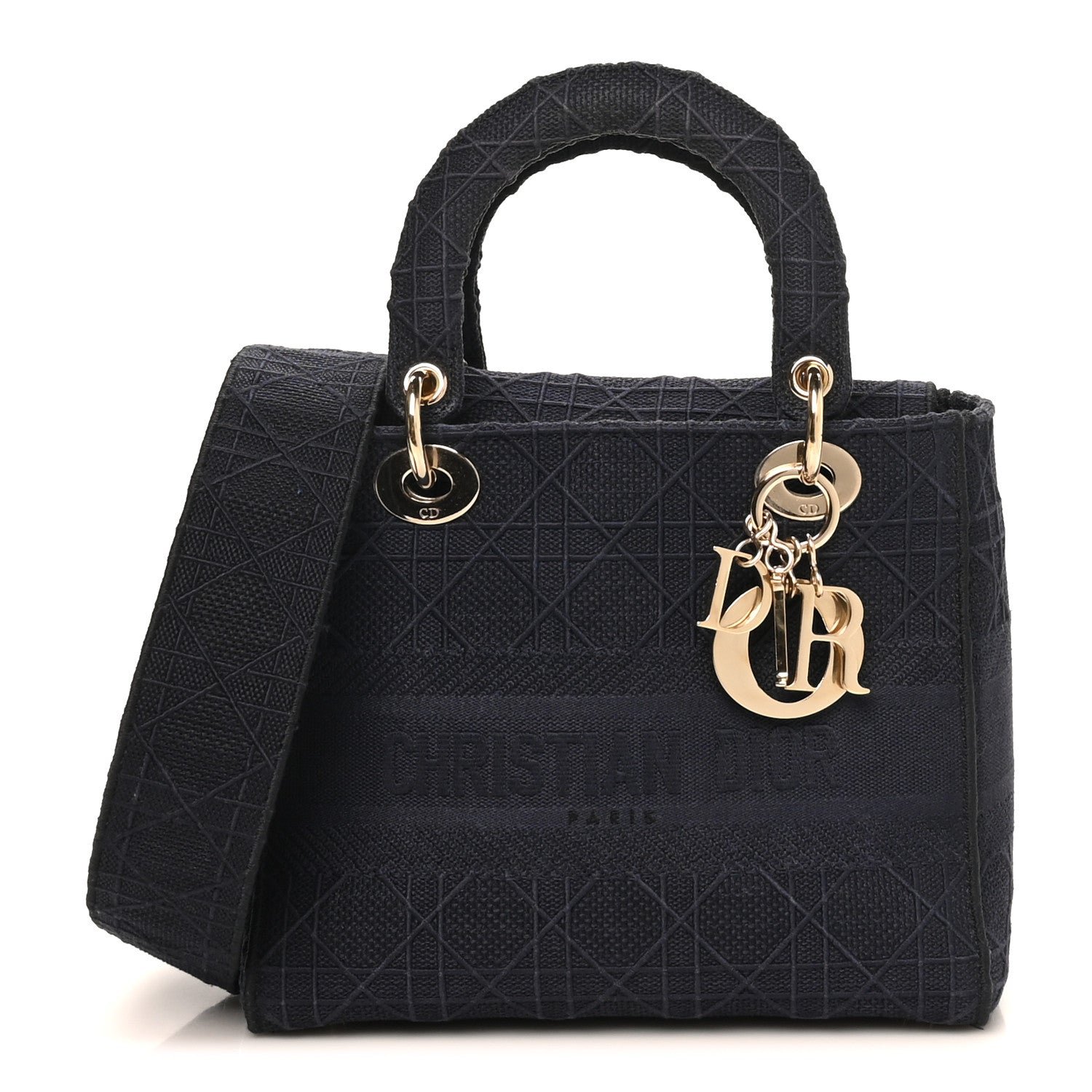 Christian Dior Canvas Embroidered Cannage Medium Lady D-Lite Navy